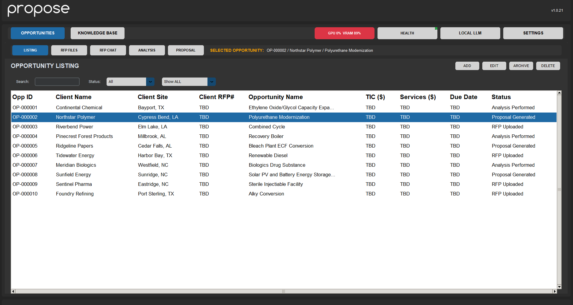 ProjEx Propose Opportunity Listing view — dashboard showing 10 opportunities with columns for Opp ID, Client Name, Client Site, RFP #, Opportunity Name, TIC, Services, Due Date, and Status.